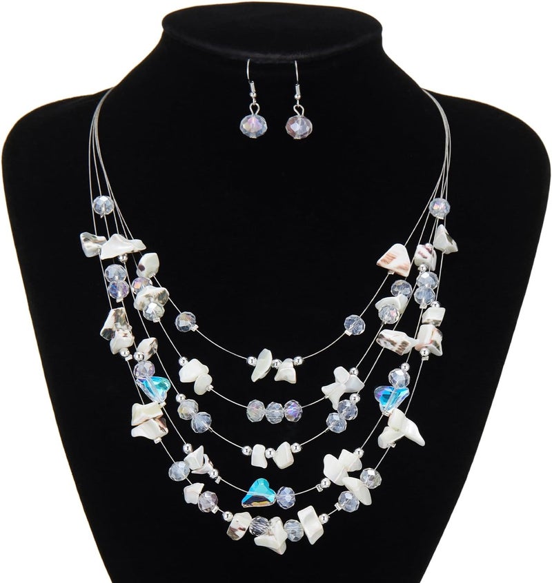 Errally Store Multi-Layer Boho Shell Beaded Necklace for Women Colorful Crystal Strand with Silver Beads Statement Collars Necklace and Earrings Costumes Jewelry Sets for Women - Image 4